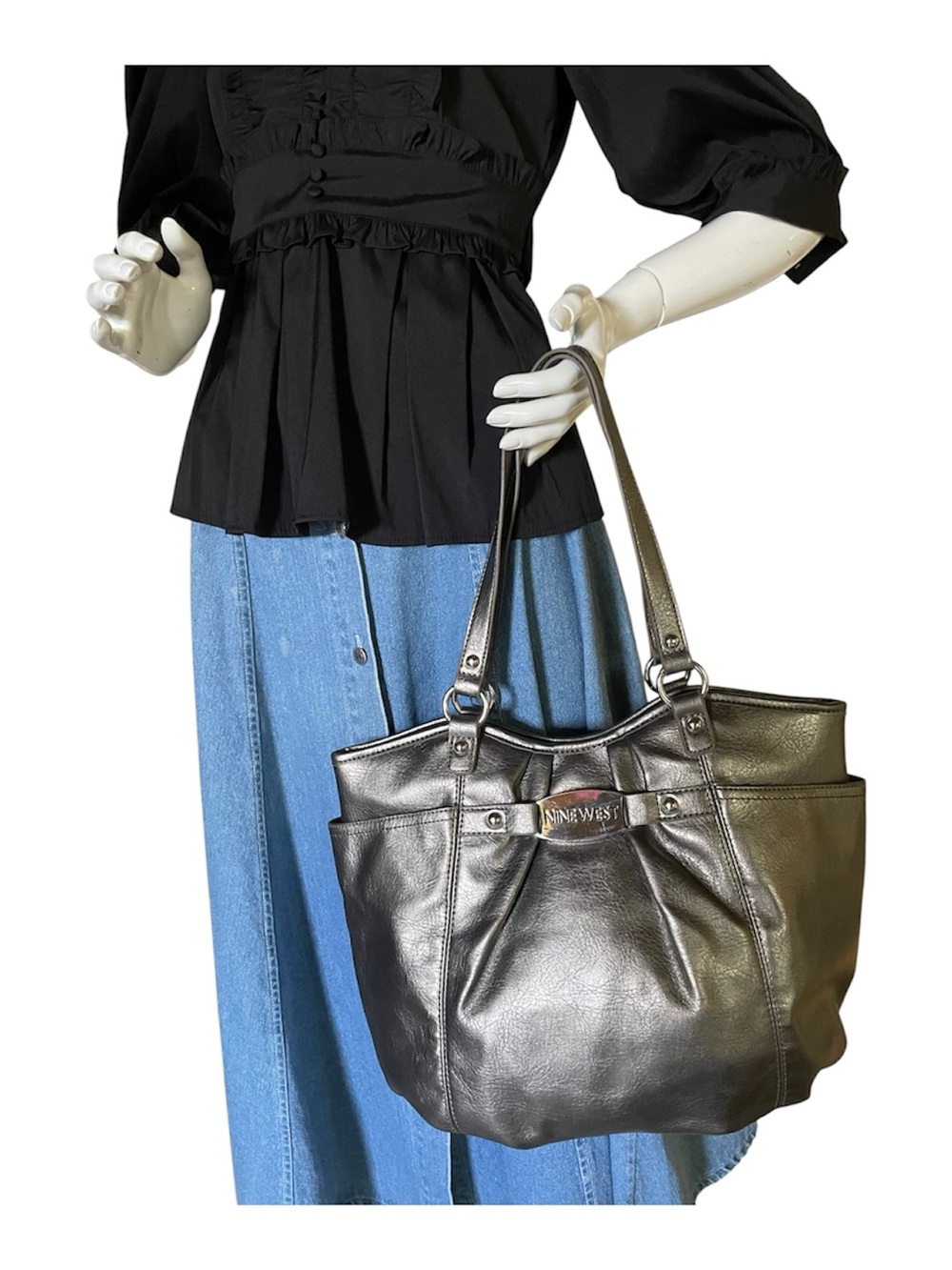 Nine West Metallic Gunmetal Leather Tote Bag